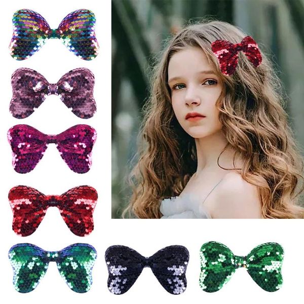 

colors sparkly hair bows clip sequin big 5" alligator reversible ribbon bowknot hairpins baby girl accessories, Slivery;white