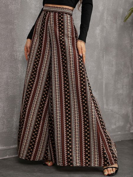 

floral wide leg pants without belt n468#, Black;white