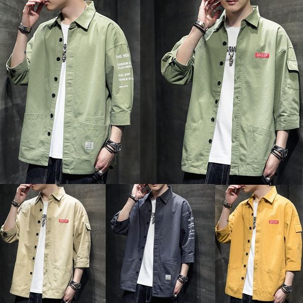 

autumn shirt men's work clothes with 7 / 4 sleeves, fashionable, handsome versatile, loose casual coat for men, White;black