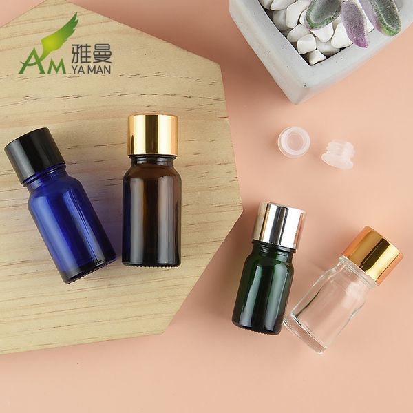 

factory wholesale 5ml 10ml glass essential oil empty gold and silver plated screw cap, flat head inner ser, small sample bottle,