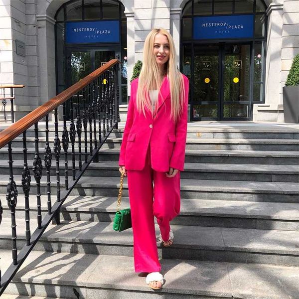 

xeasy women two-piece set satin rose red vintage office lady single button blazer female elastic high waist pants suits 211027, White