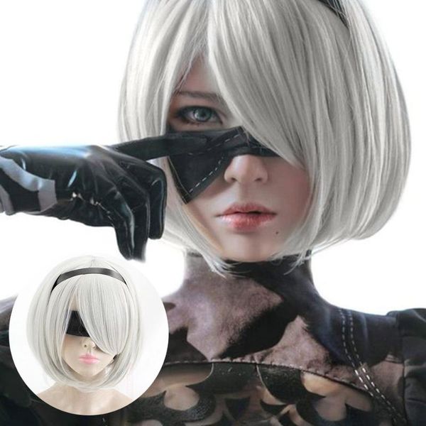

synthetic wigs shangke straight white cosplay wig anime costumes costume party hair for women yorha no.2 type b 2byorh 2a 9s 2b, Black