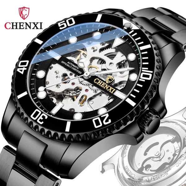 

watch dawn water ghost creative hollow out automatic mechanical men's strong luminous waterproof black steel band, Slivery;brown