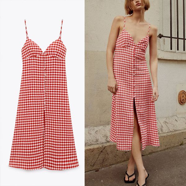 

dresses za strappy gingham summer women plaid sleeveless backless party es woman spaghetti straps mini red, Black;gray