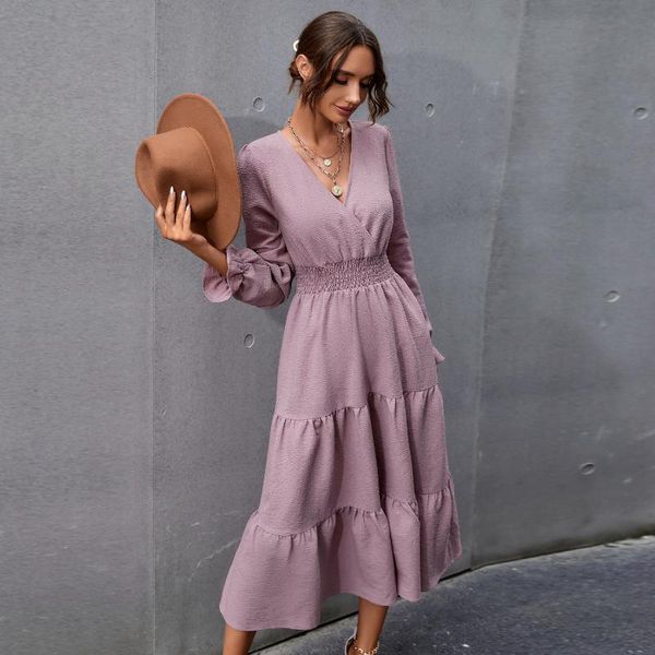 

casual dresses fashion elegant ruffle maxi dress v neck long sleeve high waist vintage party pink autumn women clothes, Black;gray