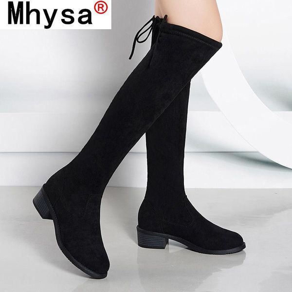 

boots 2021 autumn round toe over the knee woman fashion stretch fabric thick heels long winter thigh high mujer, Black