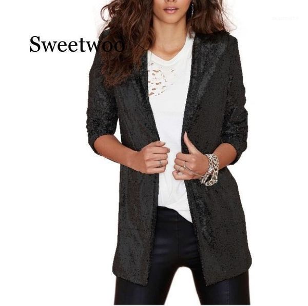 

autumn sequin coat sliver white bomber jacket long streetwear tunic loose casual basic lady outwear women's suits & blazers, White;black