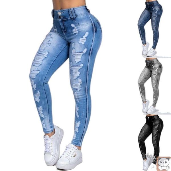 

fashion holes jeans women's skinny ankle tight high waist, Blue