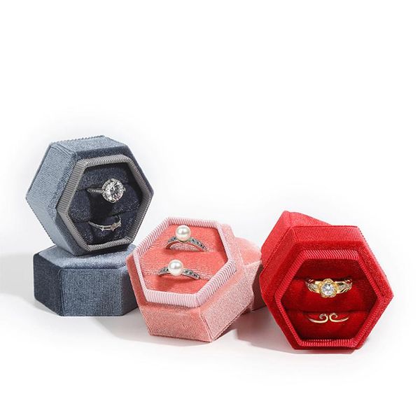

jewelry pouches, bags hexagon velvet ring box double display holder with detachable lid for proposal engagement wedding ceremony gifts case, Pink;blue