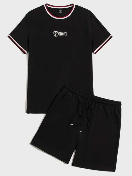

men letter pattern contrast binding tee & drawstring waist track shorts f8ue#, Gray