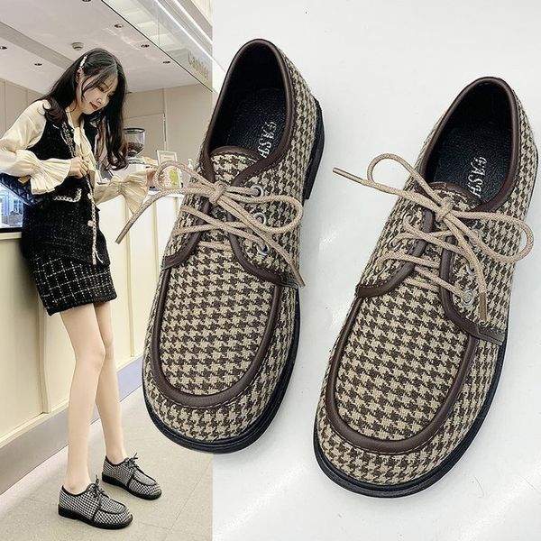

sandals designe women shoes spring round toe lace-up retro plaid loafer british small leather zapatos mujer iqqs, Black