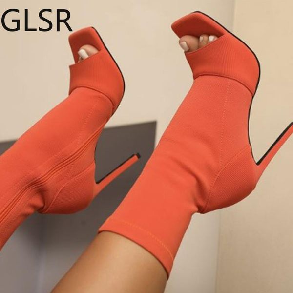 

boots women's peep toe ankle sock cut out spring autumn female stretch fabric elastic woman high heels ladies breathable fashion, Black
