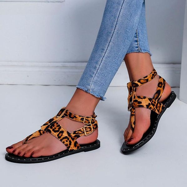 

summer strap sandals women's flats open toe leopard casual shoes rome plus size 35-43 thong ladies, Black