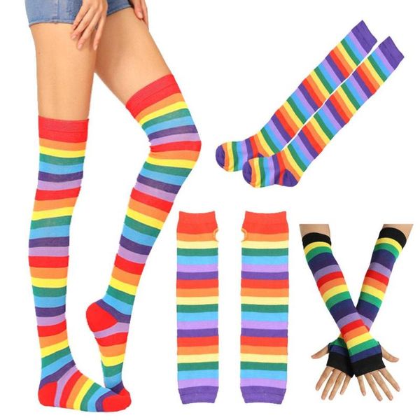 

elbow & knee pads women socks thigh high striped slim hiking leg stockings rainbow arm hand mitten gloves warmers, Black;gray
