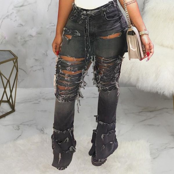 

women's jeans plus size hole ripped flare women streetwear high waist wide leg denim pants bell-bottoms trousers female, Blue
