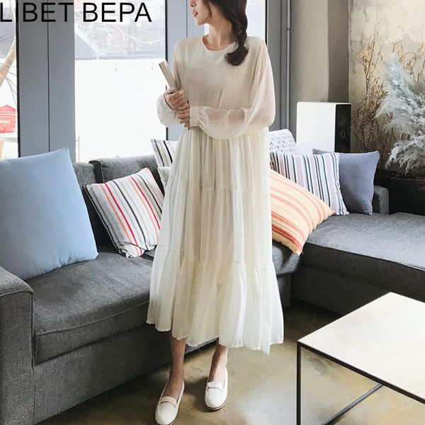 

spring fall women dress loose transparent chiffon sweet pleated long sleeve high waist casual lady white dr9031 dresses, Black;gray