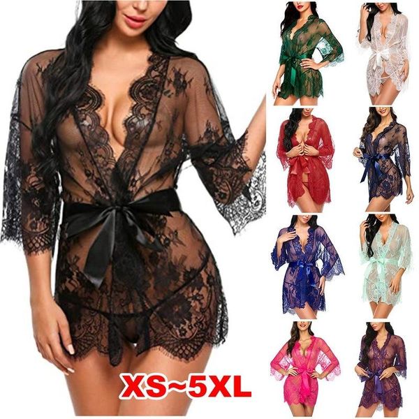 

women's sleepwear plus size nightgown women lingerie see-thru lace dress babydoll kimono robe mesh nightwear, Black;red