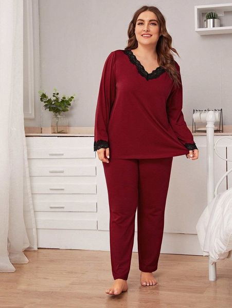 

plus lace trim and pants pj set r09o#, Black;white