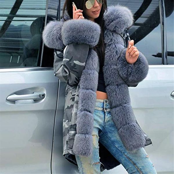 

women's wool & blends 2021 artificial raccoon fur collar winter jacket women and autumn wear parkas outwear long coats, Black
