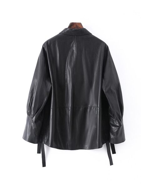 

women's leather & faux single coat women's thin 2021 spring and autumn sheep skin short shirt large size slim, Black