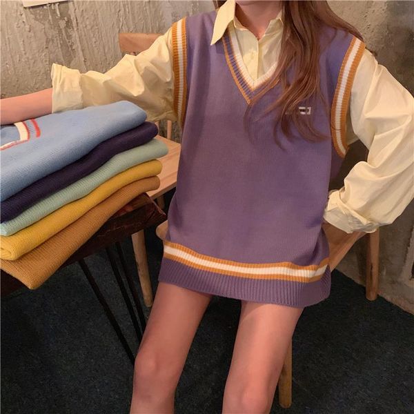 

chaleco sueter autumn korean women sweater v neck striped vest preppy style sleeveless pullover female sweaters, White;black