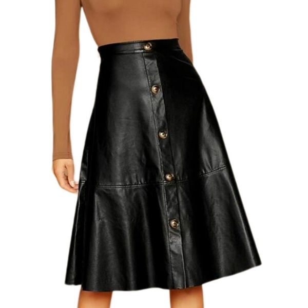 

skirts women's spring autumn pu leather high waist club streetwear casual buttoned a-line skirt, Black