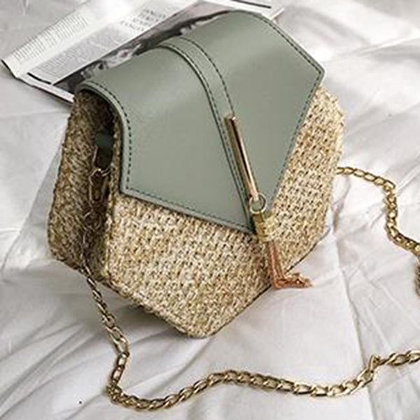 Hexagon Mulit Stil Stroh + Leder Handtasche Frauen Sommer Rattan Tasche Handarbeit Gewebt Strand Kreis Böhmen Schulter Mode Cross Body