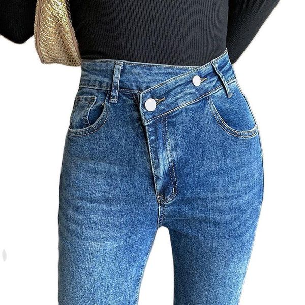 

women's jeans straight high waist autumn 2021 harlan irregular nine-point thin stretch trousers clothing, Blue