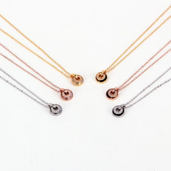 

pendant necklaces stainless steel love shell crystal double round pendants necklace circle clavicle elegant women bride wedding jewelry, Silver
