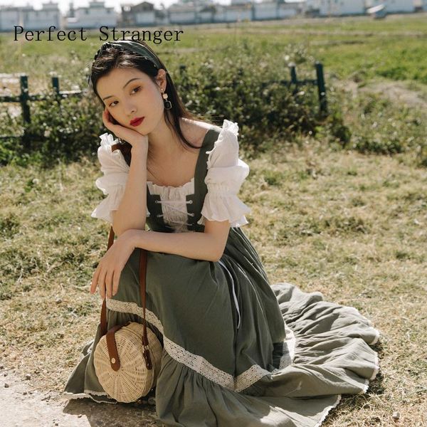 

casual dresses 2021 summer arrival retro princess style square collar short sleeve girl long dres women clothing, Black;gray