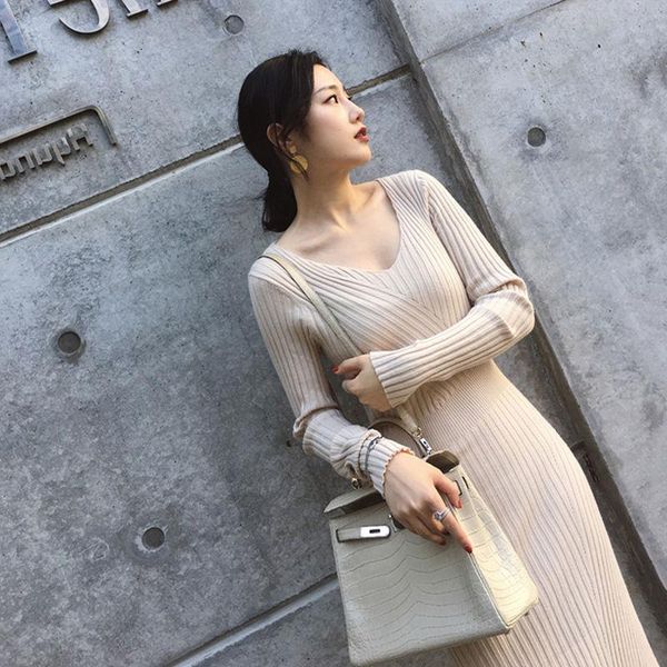 

casual dresses autumn knitting for women long sleeve office lady bodycon sweater dress maxi vestido feminino, Black;gray