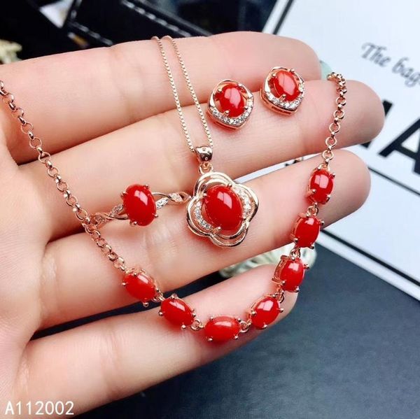 

fine jewelry natural red coral 925 sterling silver women necklace bracelet ring earrings set support test bracelet, &, Black