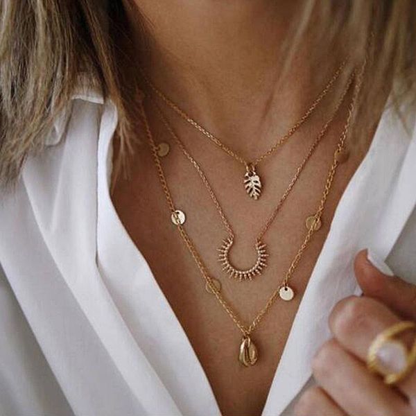 

pendant necklaces boho pendants for women vintage leaf shell necklace fashion multilayer chain jewelry collier bijoux accessories o4p247, Silver