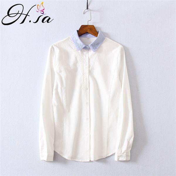 

h.sa women long sleeve and shirts spring summer office ladies ol patchwork blue white formal blouses 210417