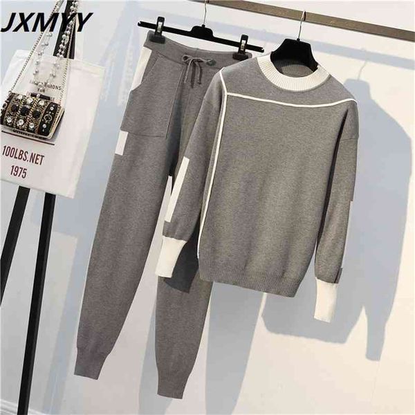 

autumn runway 2 pieces set knitted long sleeve pullovers sweater casual patchwork knit jumper and pants suits 210727, White