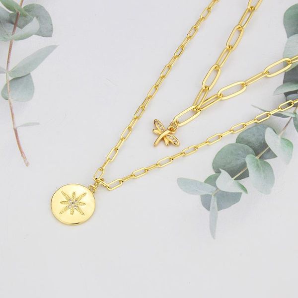 

pendant necklaces allme punk shiny rhinestone star coin dragonfly necklace for women brass gold double layered link chains, Silver
