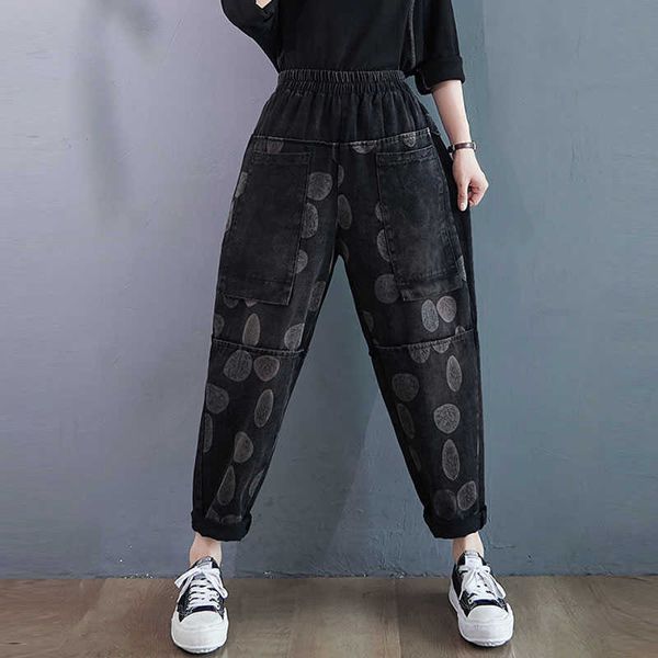 

autumn winter plus size women jeans arts style elastic waist cotton denim harem pants dot print jeans trousers m674 210608, Blue