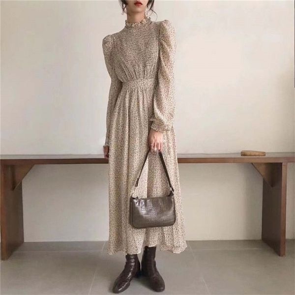 

hzirip style retro chic office lady elegant print a-line floral gentle full-sleeved waist-controlled long dresses 210623, Black;gray