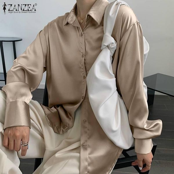 

women's blouses & shirts casual lapel elegant loose party 2022 women satin silk long sleeve blouse ladies office solid button bl, White