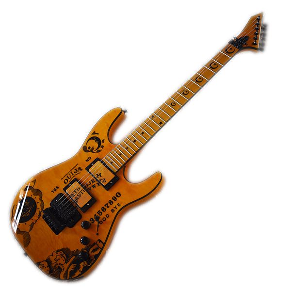 

factory outlet-6 strings yellow electric guitar with moon pattern,floyd rose