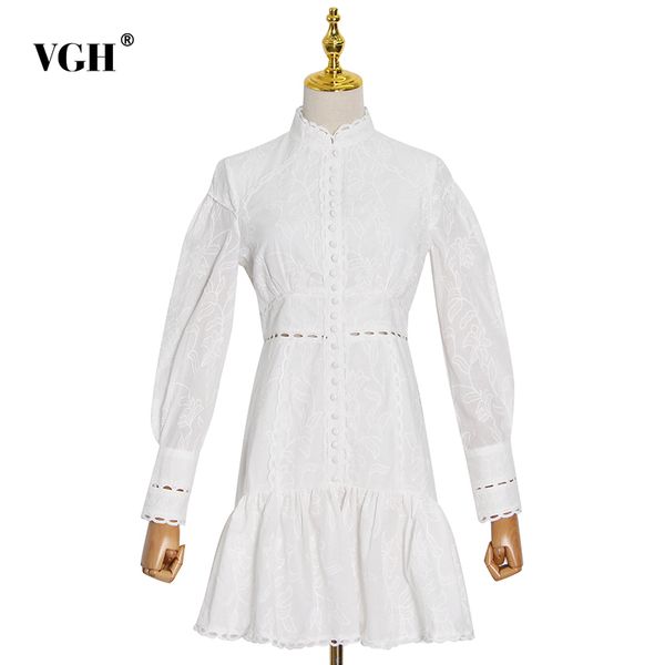 

vgh elegant hollow out dress for women stand collar puff sleeve high waist patchwork ruffles dresses female fashion clothes 210421, Black;gray