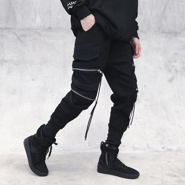 

men's pants autumn fashion trend hip-hop multi-zipper casual trousers with small feet, Black