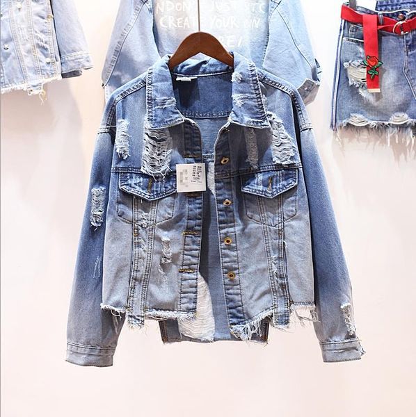 

women's jackets 2021 spring korean style women irregular vintage hole loose denim jacket girls and boy short jeans coat overcoat street, Black;brown