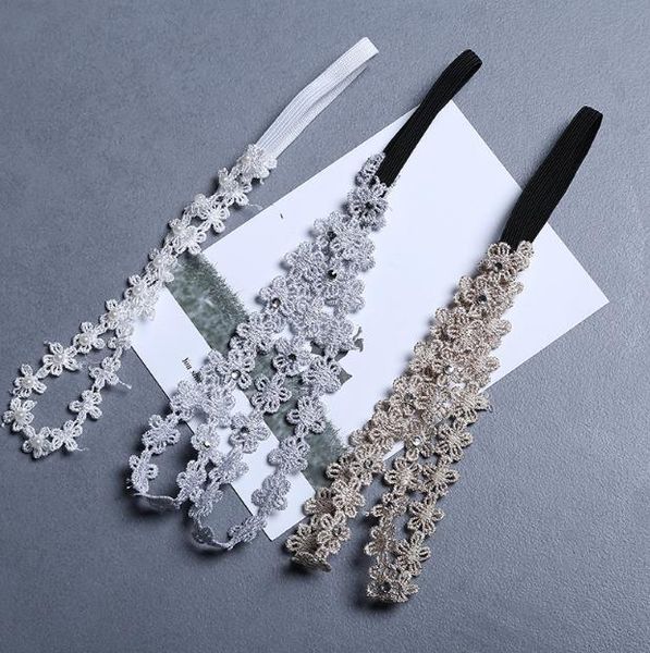 

baby girls headbands korean lace rhinestone princess headwear kids elastic ribbon hairbands children hair accessories headdress, Slivery;white