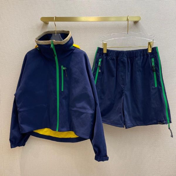 

women's tracksuits 2021 fashion classic stand up collar contrast color zipper hooded drawstring short jacket or casual shorts comfortab, Gray