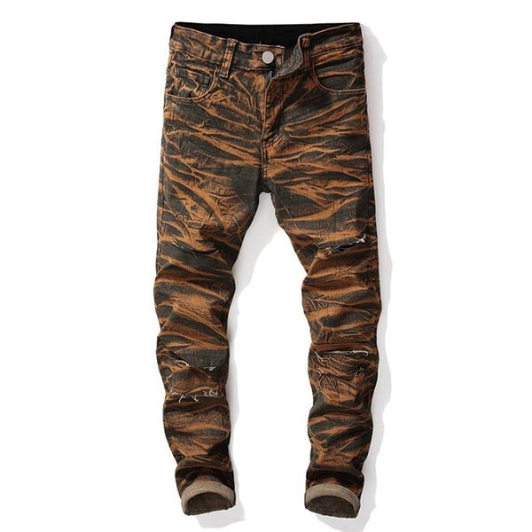 

men's jeans pantalon homme fashion harajuku ripped for men casual yellow black tie dye denim pants biker hip hop cargo, Blue
