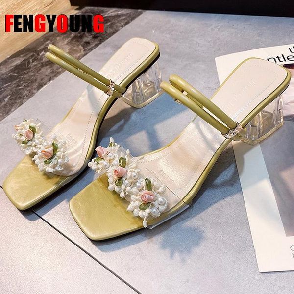 

slippers 2021 square heels shoes clear women sandals summer woman transparent pvc high pumps wedding flower damskie, Black