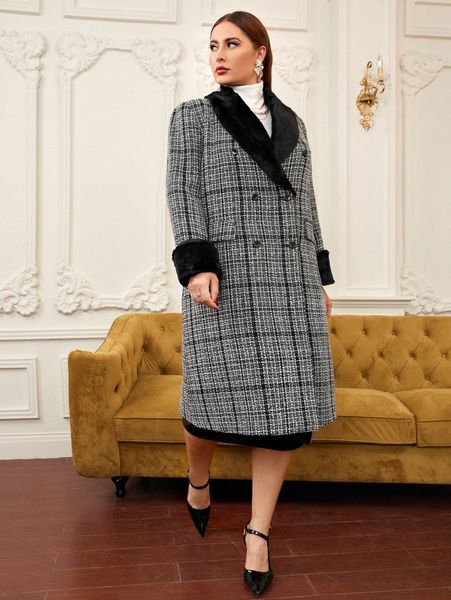 

plus borg shawl collar double breasted plaid tweed overcoat u5wc#, Black