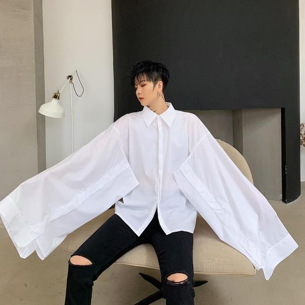 

men's casual shirts men wide long sleeve black white shirt male japan style gothic stage fashion show clothing stfu, White;black
