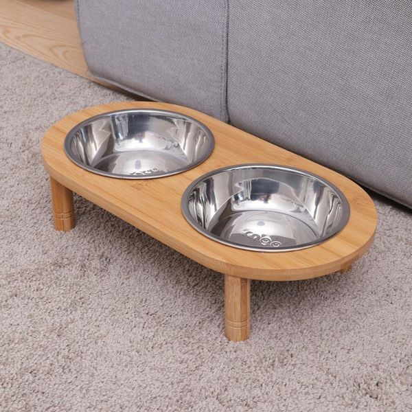 

cat bowls & feeders pet stainless steel feeding and water with bamboo frame for dogs cats